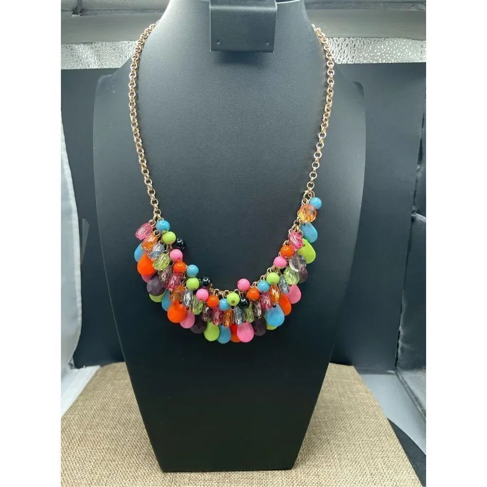Stamped Waterfall Necklace Multicolor Beads Gold Tone Chain Boho Chic